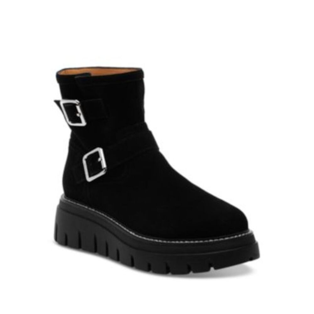 J SLIDES Womens Black Lug Sole Texas Round Toe Wedge Zip-Up Leather Moto 8 M
